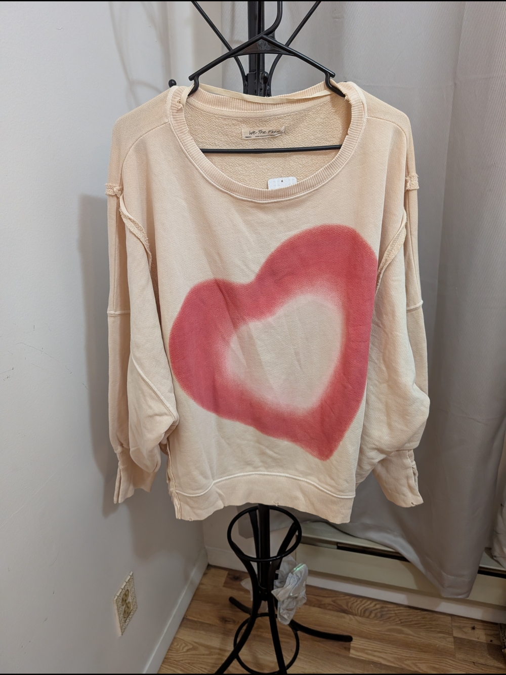We The Free Cream Pullover with Pink Heart Graphic Size Small